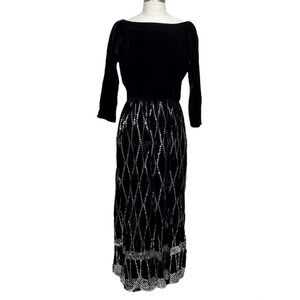 Vintage‎ Suzy Perette Black Velvet Sequin Maxi Dress 50s 60s Bateau Neck Gown